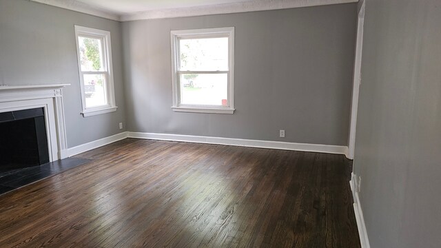 15465 Murray Hl, Detroit, MI 48227 - unfurnished living room featuring dark wood-type flooring, a fireplace, and baseboards