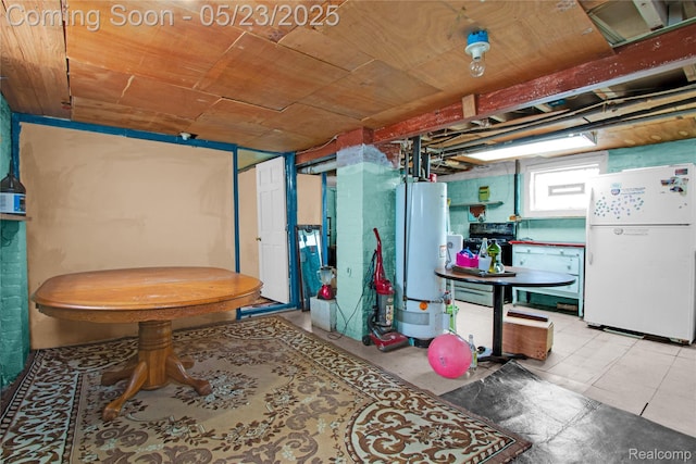 2393 Burger St, Hamtramck, MI 48212 - below grade area with freestanding refrigerator, water heater, and wooden ceiling