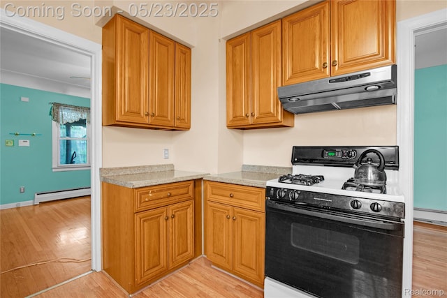 2393 Burger St, Hamtramck, MI 48212 - kitchen with under cabinet range hood, range with gas cooktop, baseboard heating, light wood-style floors, and light countertops