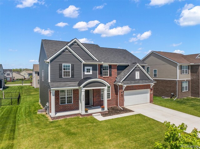24603 Beach Dr, Macomb, MI 48042 - traditional-style house featuring concrete driveway, brick siding, roof with shingles, and covered porch