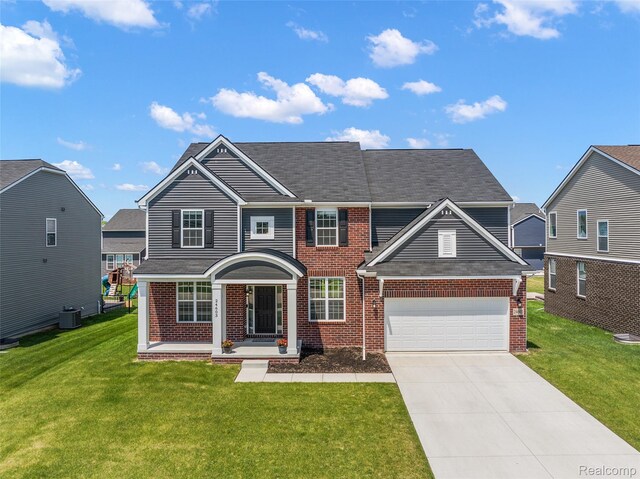 24603 Beach Dr, Macomb, MI 48042 - traditional-style house featuring brick siding, concrete driveway, a front lawn, and an attached garage