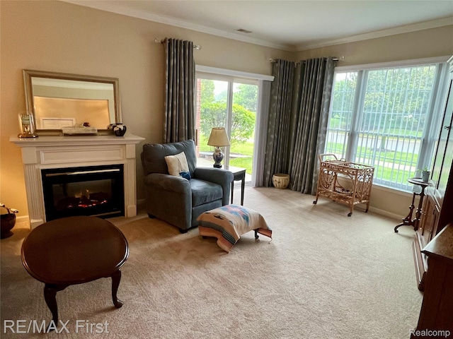 46117 Rhodes Dr Unit 298, Macomb, MI 48044 - sitting room featuring ornamental molding, plenty of natural light, carpet floors, and a glass covered fireplace