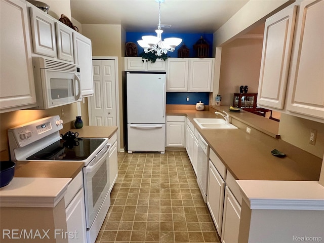 46117 Rhodes Dr Unit 298, Macomb, MI 48044 - kitchen featuring white appliances, a sink, a chandelier, and white cabinets
