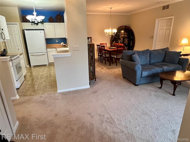 46117 Rhodes Dr Unit 298, Macomb, MI 48044 - living area featuring a chandelier, ornamental molding, light colored carpet, and baseboards