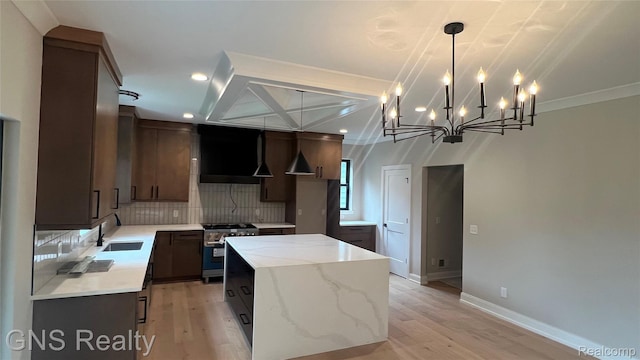 206 E Windemere Ave, Royal Oak, MI 48073 - kitchen featuring gas stove, a sink, extractor fan, backsplash, and light wood-style floors