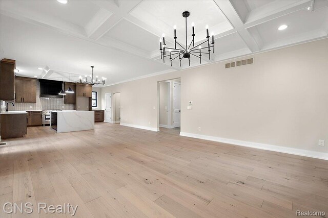 206 E Windemere Ave, Royal Oak, MI 48073 - unfurnished living room with a chandelier, coffered ceiling, recessed lighting, light wood-style floors, and beam ceiling