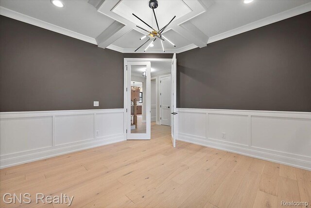 206 E Windemere Ave, Royal Oak, MI 48073 - unfurnished dining area with wood finished floors, crown molding, recessed lighting, a chandelier, and beamed ceiling