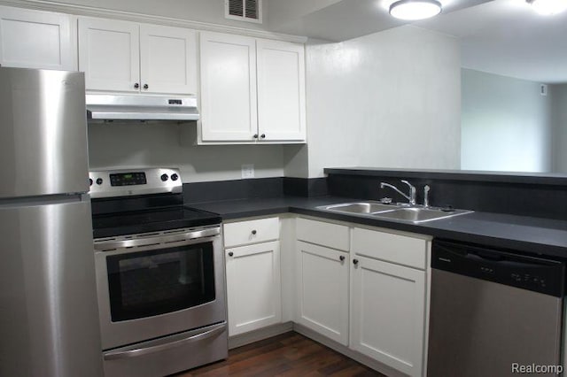 966 Bloomfield Village Blvd, Auburn Hills, MI 48326 - kitchen with stainless steel appliances, under cabinet range hood, a sink, dark countertops, and dark wood-style floors