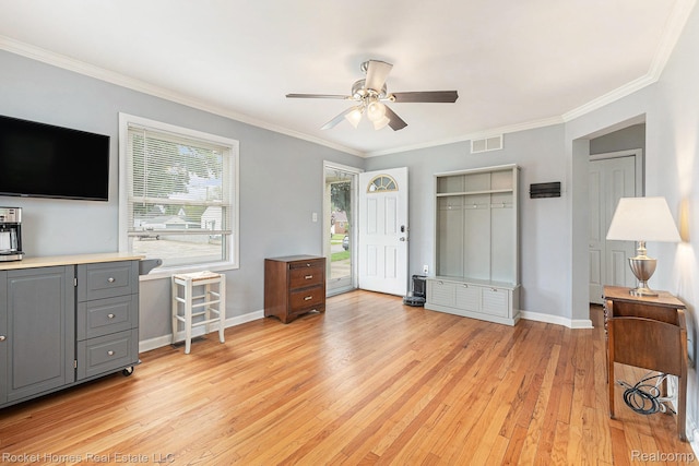 30 Charlevoix St, Clawson, MI 48017 - bedroom with light wood-style flooring, crown molding, baseboards, ceiling fan, and access to exterior