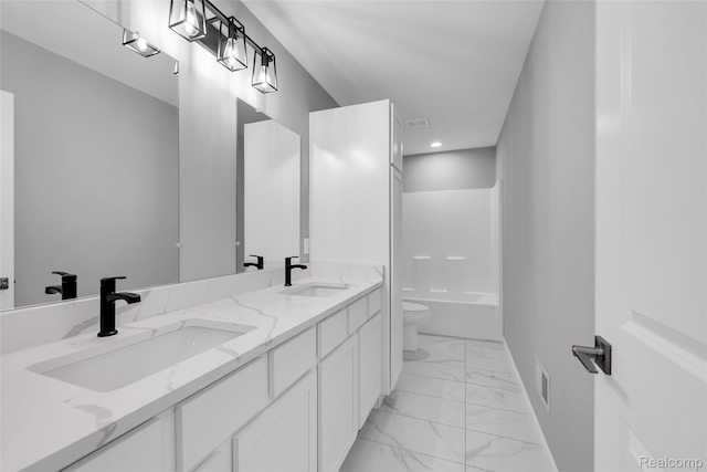 10705 Deer Ridge Trl, Rose, MI 48442 - bathroom featuring toilet, marble look tiles, double vanity, washtub / shower combination, and recessed lighting
