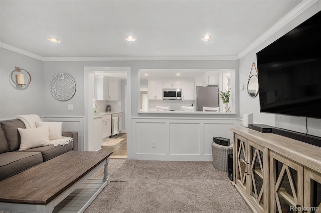 35274 Lake Dr, Brownstown, MI 48173 - living room featuring crown molding, recessed lighting, a decorative wall, and light colored carpet