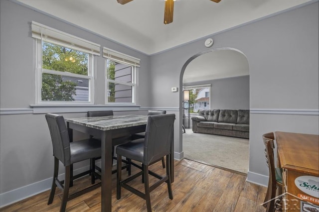 705 W Jenny St, Bay City, MI 48706 - dining room featuring arched walkways, wood finished floors, a ceiling fan, and baseboards
