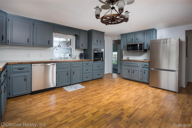 3333 Stone, Port Huron, MI 48060 - kitchen with stainless steel appliances, butcher block countertops, a chandelier, and light wood finished floors
