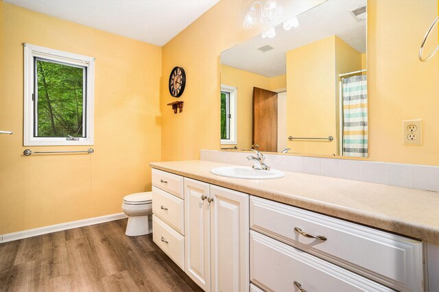 8837 56th Ave, Hudsonville, MI 49426 - bathroom with toilet, wood finished floors, vanity, baseboards, and a shower with shower curtain