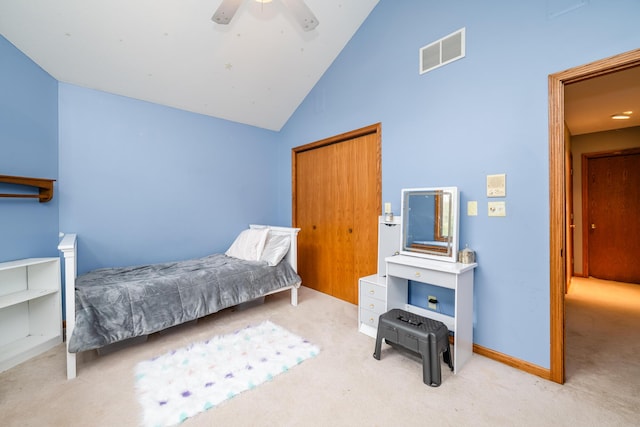 4569 Terra Ln, Saint Joseph, MI 49085 - bedroom featuring carpet floors, a closet, a ceiling fan, and high vaulted ceiling