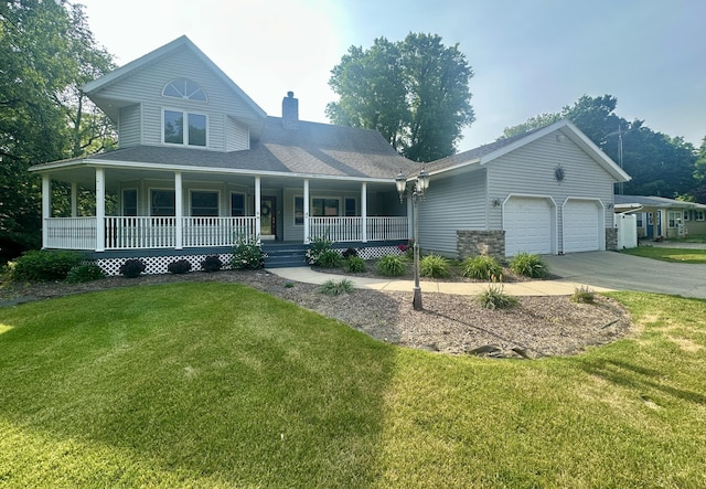 4569 Terra Ln, Saint Joseph, MI 49085 - country-style home featuring an attached garage, a chimney, covered porch, driveway, and a front yard