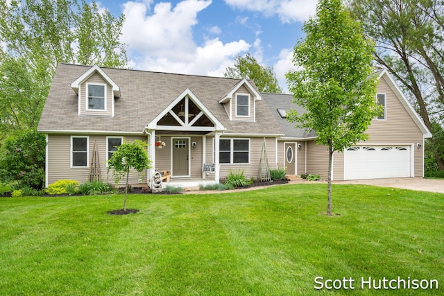 9953 10 Mile Rd NE, Rockford, MI 49341 - cape cod house with driveway, a front lawn, a garage, and roof with shingles