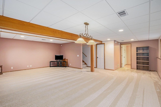 2481 Jameswood Ct, Holland, MI 49424 - unfurnished living room with stairway, light carpet, baseboards, and recessed lighting