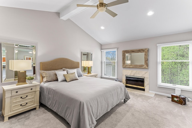 2485 Wildbrook Run Unit 154, Bloomfield Hills, MI 48304 - bedroom with light colored carpet, recessed lighting, a premium fireplace, a ceiling fan, and baseboards