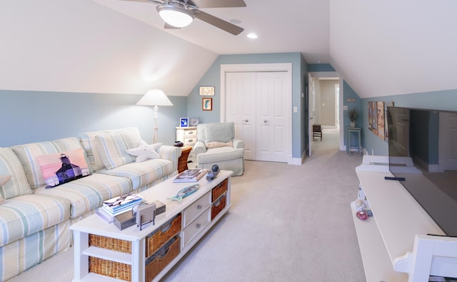 300 Morning Walk Path, Benton Harbor, MI 49022 - living room with vaulted ceiling, light carpet, a ceiling fan, and baseboards