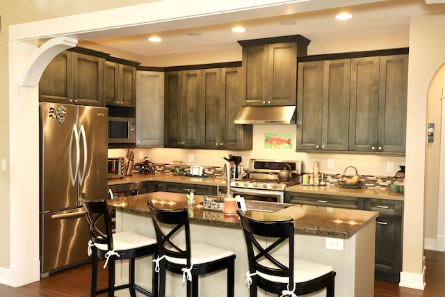 300 Morning Walk Path, Benton Harbor, MI 49022 - kitchen with stainless steel appliances, under cabinet range hood, dark wood-type flooring, a kitchen breakfast bar, and dark stone counters