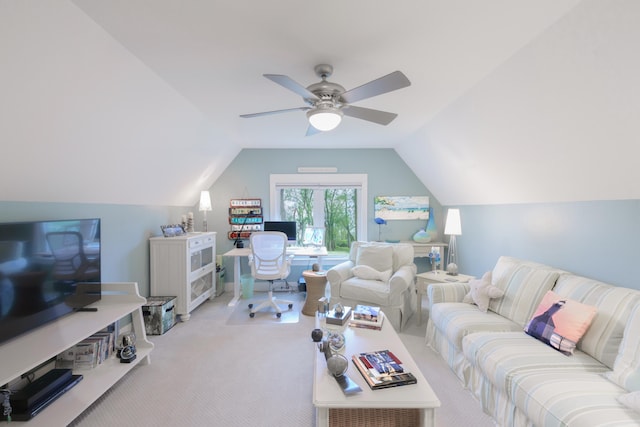 300 Morning Walk Path, Benton Harbor, MI 49022 - carpeted living area with a ceiling fan, an office area, and vaulted ceiling