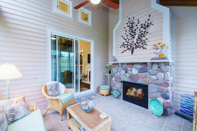 300 Morning Walk Path, Benton Harbor, MI 49022 - view of patio / terrace featuring a stone fireplace and a ceiling fan