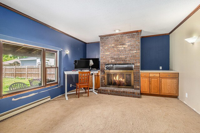 7569 Astronaut Ave, Jenison, MI 49428 - home office featuring ornamental molding, light carpet, baseboard heating, a fireplace, and baseboards