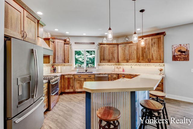 1109 Kenowa Ave SW, Byron Center, MI 49315 - kitchen featuring appliances with stainless steel finishes, premium range hood, a sink, light wood finished floors, and light countertops
