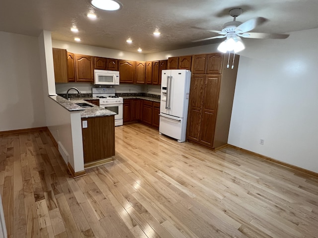 5764 W Brookwood Pl, Ludington, MI 49431 - kitchen featuring white appliances, a sink, baseboards, a peninsula, and a ceiling fan