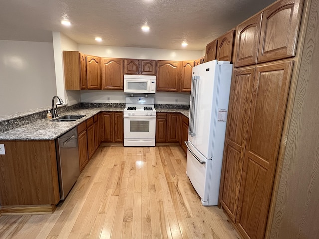 5764 W Brookwood Pl, Ludington, MI 49431 - kitchen with white appliances, a sink, brown cabinetry, light wood finished floors, and dark stone counters