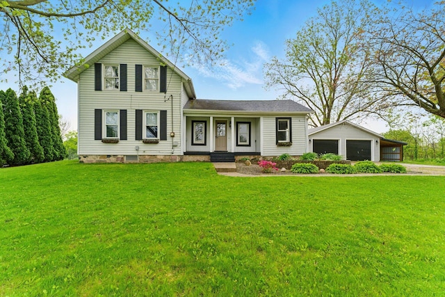 8075 Burlingame Ave SW, Byron Center, MI 49315 - view of front facade featuring a detached garage, an outbuilding, a porch, and a front lawn