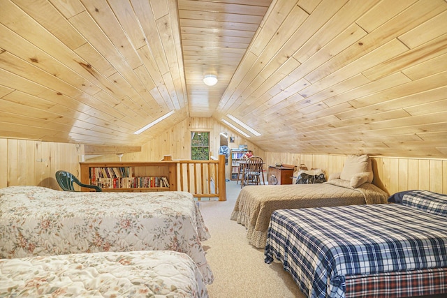 4900 N Railroad Ave, Pentwater, MI 49449 - bedroom featuring carpet flooring, wooden walls, wooden ceiling, and lofted ceiling