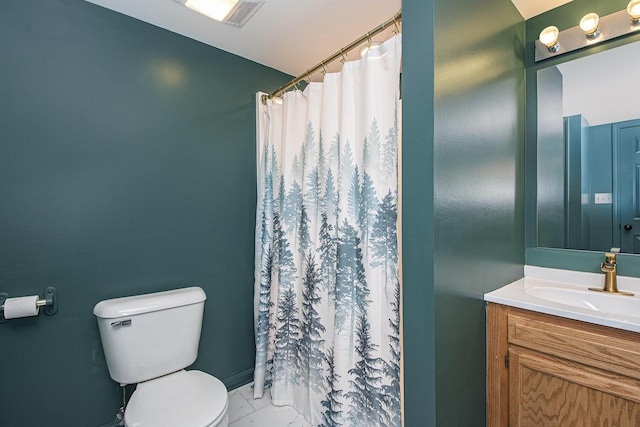 11199 W Harlow Rd, Greenville, MI 48838 - bathroom featuring toilet, vanity, marble finish flooring, and a shower with curtain