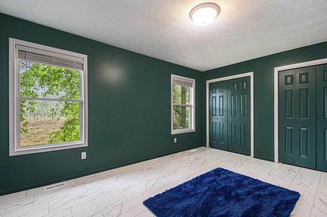 11199 W Harlow Rd, Greenville, MI 48838 - unfurnished bedroom featuring marble finish floors, multiple windows, two closets, and a textured ceiling