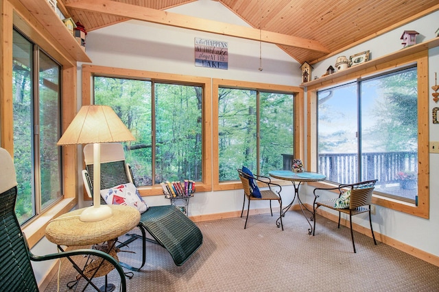 6818 W Vesper Dr, Ludington, MI 49431 - sunroom with vaulted ceiling, wooden ceiling, carpet, and baseboards