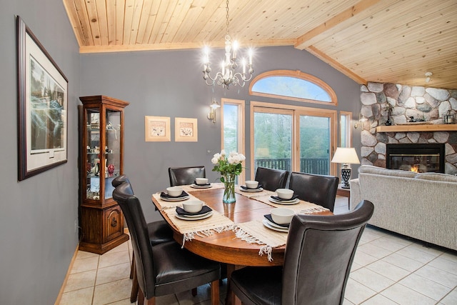 6818 W Vesper Dr, Ludington, MI 49431 - dining space with light tile patterned floors, a chandelier, wooden ceiling, a stone fireplace, and baseboards