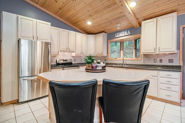 6818 W Vesper Dr, Ludington, MI 49431 - kitchen with stainless steel appliances, lofted ceiling, tile counters, wooden ceiling, and light tile patterned flooring