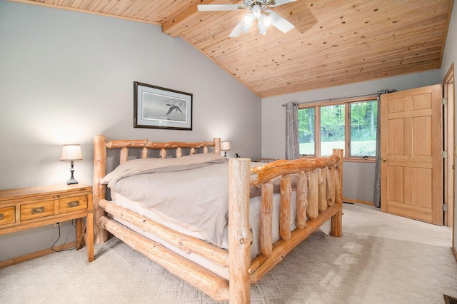 6818 W Vesper Dr, Ludington, MI 49431 - bedroom featuring light carpet, wood ceiling, a ceiling fan, and baseboards