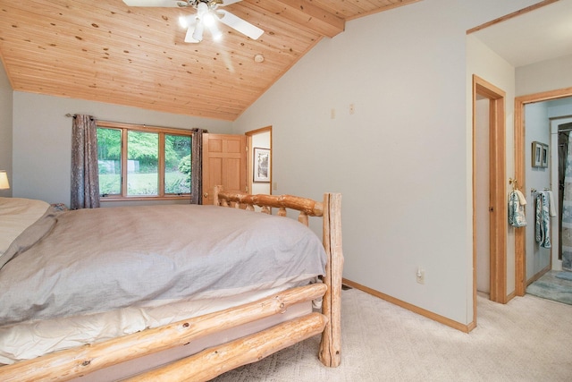 6818 W Vesper Dr, Ludington, MI 49431 - bedroom featuring light colored carpet, wooden ceiling, baseboards, and a ceiling fan
