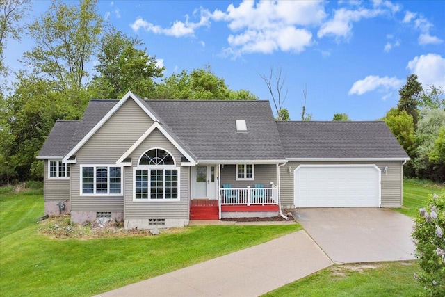 306 Meister Rd, Fremont, MI 49412 - view of front facade featuring covered porch, crawl space, a front lawn, a garage, and driveway