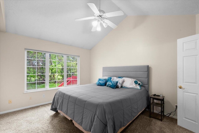 306 Meister Rd, Fremont, MI 49412 - carpeted bedroom with lofted ceiling, baseboards, a ceiling fan, and a textured ceiling