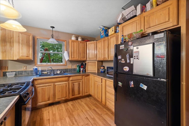 65 N Brown Rd, Bailey, MI 49303 - kitchen featuring black appliances, a sink, light wood-type flooring, and pendant lighting