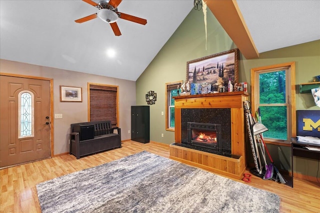 65 N Brown Rd, Bailey, MI 49303 - living room featuring wood finished floors, a ceiling fan, a fireplace, and high vaulted ceiling