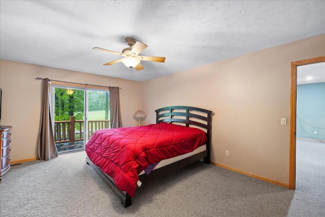 65 N Brown Rd, Bailey, MI 49303 - bedroom featuring carpet floors, access to exterior, baseboards, a textured ceiling, and a ceiling fan