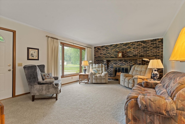 70594 Dennis Dr, Niles, MI 49120 - carpeted living area featuring a fireplace, baseboards, and crown molding