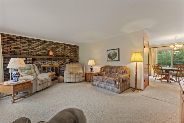 70594 Dennis Dr, Niles, MI 49120 - living area featuring light carpet, a chandelier, ornamental molding, a fireplace, and baseboards