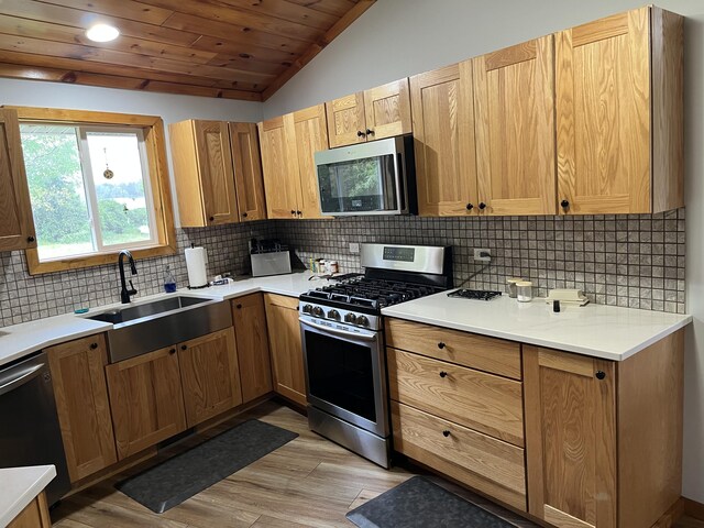 550 E N St, Edmore, MI 48829 - kitchen featuring stainless steel appliances, a sink, light wood-style floors, lofted ceiling, and decorative backsplash