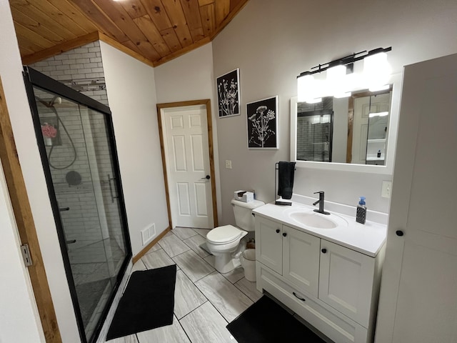 550 E N St, Edmore, MI 48829 - full bathroom featuring wooden ceiling, a shower stall, vanity, toilet, and vaulted ceiling
