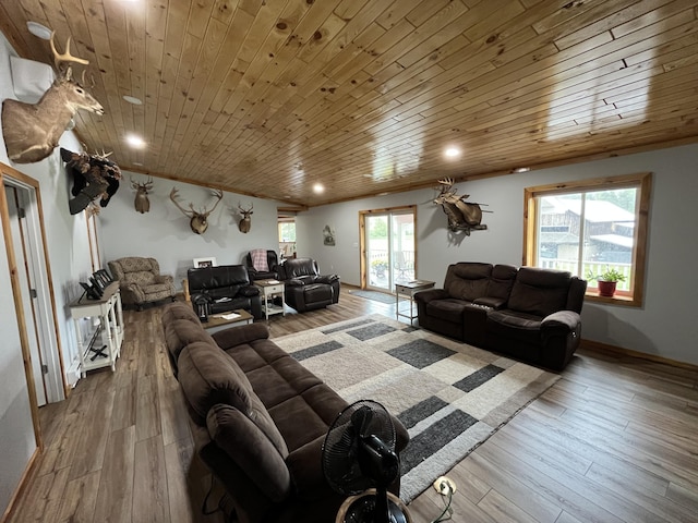 550 E N St, Edmore, MI 48829 - living area featuring wood ceiling, wood-type flooring, and recessed lighting